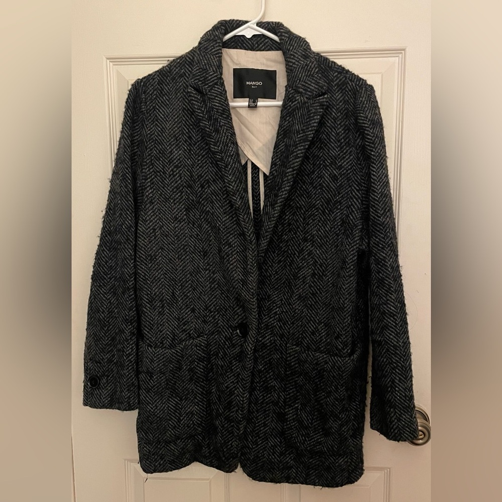 Mango Herringbone Wool Blazer in Black and Gray
